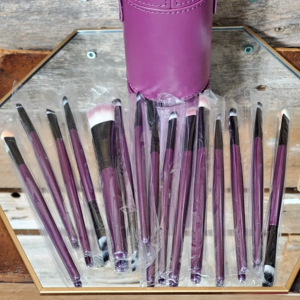 Makeup Brushes - Set of 20 - Purple Handles - 6 long - with Leather Travel Case